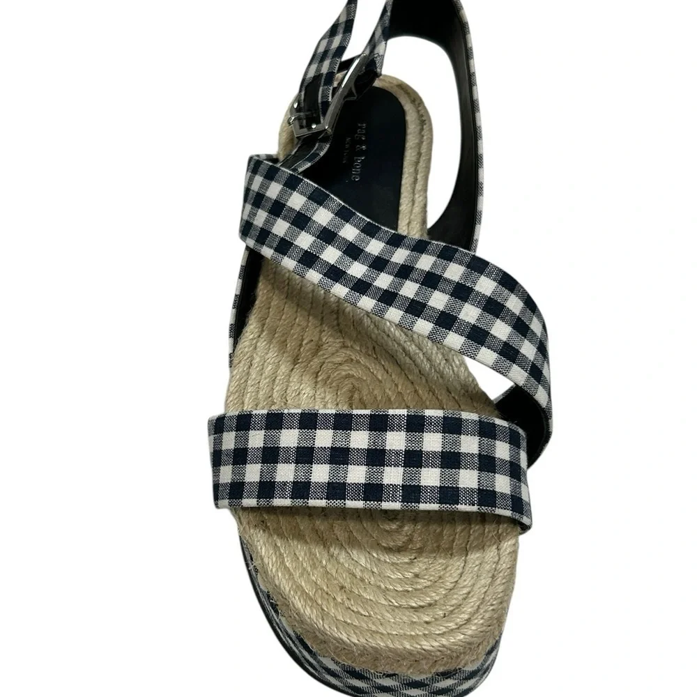 Rag & Bone Checkered Gingham Ankle Strap Megan Platform Sandals 7.5 Blue White